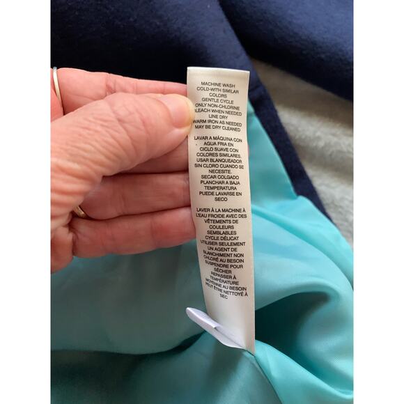 Chico's Hooded Faux Wool Coat Navy Blue With Teal Lining Mid Length Sz 1 (S) - Picture 12 of 16